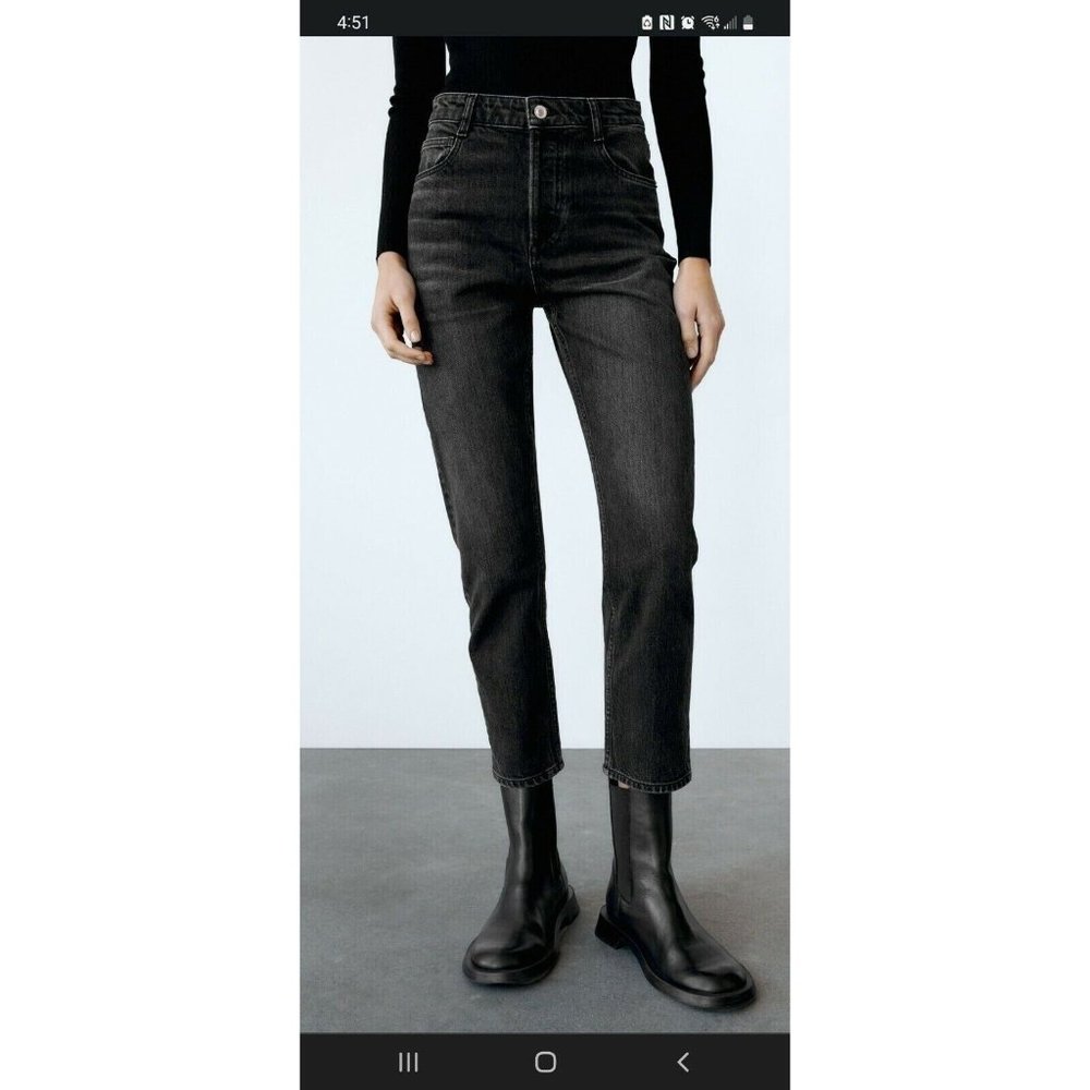 Zara High Waisted Jeans Regular Straight Boot Ankle Grey Black full wide 6 38